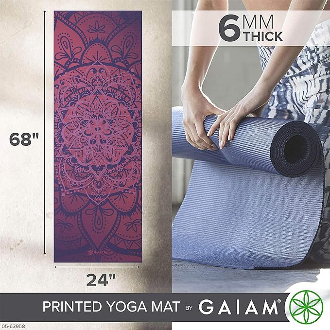 Gaiam Yoga Mat - Premium 6mm Print Extra Thick Non Slip Exercise & Fitness Mat for All Types of Yoga, Pilates & Floor Workouts (68"L x 24"W x 6mm Thick)
