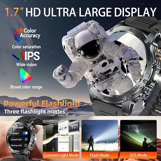 KPEP Military Smart Watches for Men, 1000mAh Battery/LED Flashlight/2 Straps/IP67 Waterproof Smartwatch, Stress/Blood Oxygen/Heart Rate/Sleep Monitor, Reminder, Fitness Tracker for iOS Android, Silver