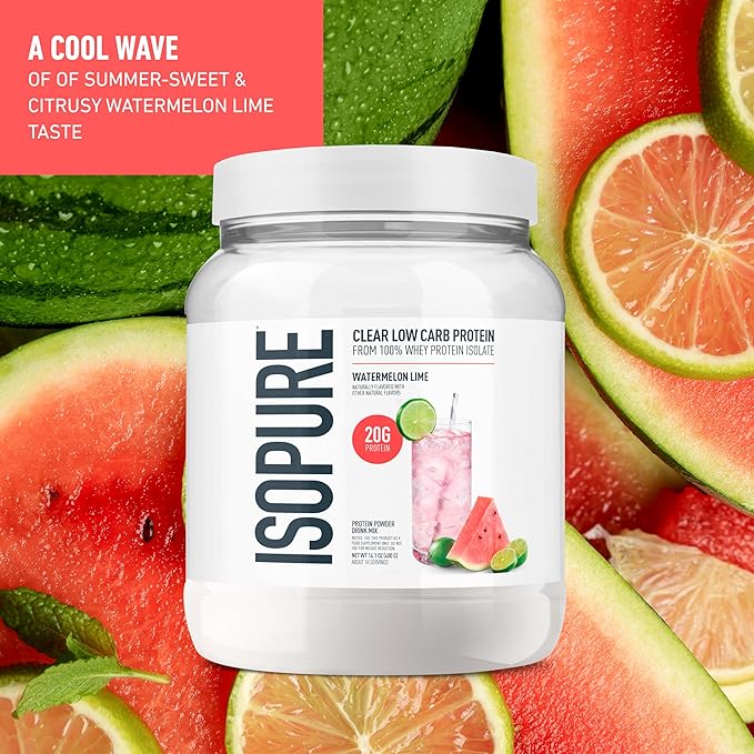 Isopure Clear Whey Isolate Protein Powder, Lactose Free, Gluten Free, Naturally Flavored, Watermelon Lime, 20g Protein Per Serving, 14.1 Oz, 16 Servings (Packaging May Vary)