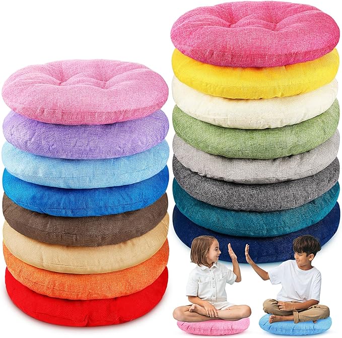 Fumete 16 Pcs 16 Inch Round Floor Cushions for Kids and Toddlers, Flexible Seating Classroom Furniture Floor Pillow for Home, Daycare, Preschool, Yoga and Meditation (Novel)