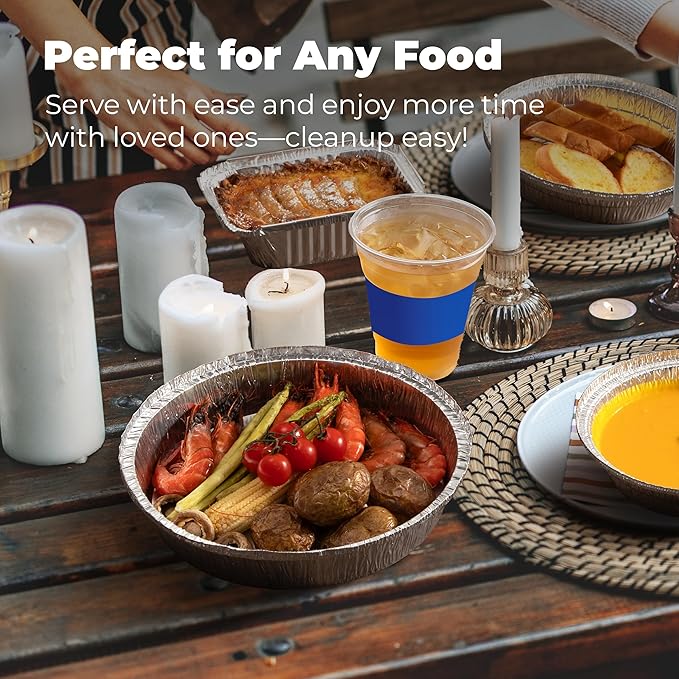 Fit Meal Prep 45 Pack 9” Round Aluminum Foil Pans with Lids, Pie Tins Disposable 9 inch with Lids, Take Out Containers, Freezer Oven Safe Aluminum Baking Pans for Storing, Cooking, Storage, Reheating