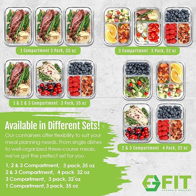 2 & 3 Compartment Glass Meal Prep Containers (4 Pack, 32 oz) - Glass Food Storage Containers with Lids, Bento Box, Portion Control, Airtight, Oven & Freezer safe, Food Container, Lavender