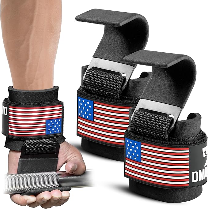 DMoose Fitness Weight Lifting Hooks (Pair) for Deadlifts, Pull Ups, Rows & Shrugs - Anti-Rip Nylon Strap Hand Grips with Thick Wrist Padding - Heavy Duty Wrist Straps for Weightlifting & Gym Workouts