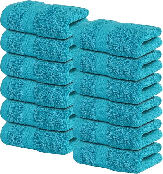 Infinitee Xclusives Luxury Wash Cloths for Showering [13x13] – 100% Cotton Washcloths [Pack of 12], Soft and Absorbent Face Towels for Bathroom Wash Clothes, Gym, and Spa (Serene Teal)
