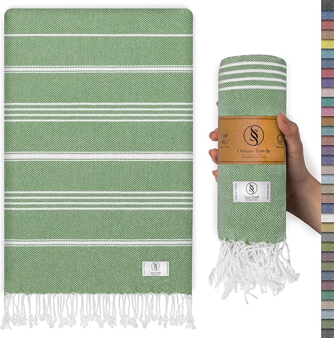 Turkish Beach Towel Absorbent & Quick Dry Oversized (39" x 71") - Decorative, Versatile and Functional as Yoga Mat, Picnic Blanket, Travel Blanket, Bath, Cruise, Gym Towel - Green