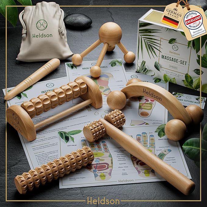 HELDSON® Wooden Therapy Massage Tools [6 Pieces] - Wood Rollers for Body Sculpting - Lymphatic Drainage Massager - Cellulite Tool - Maderoterapia Kit - Back Rolling Stick - Wellness Gifts Women, Men