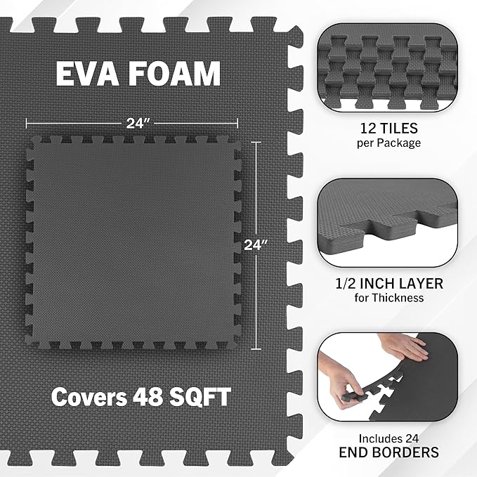 EVA Foam Mat Tiles 12-Pack - 48 SQ FT of Interlocking Padding for Garage, Playroom, or Gym Flooring - Exercise Mat or Baby Playmat by Stalwart (Gray)