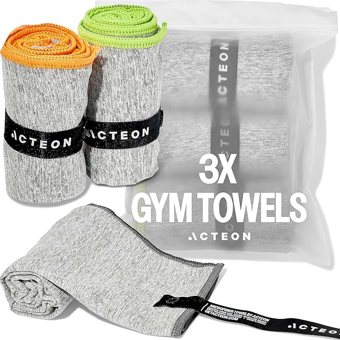 Acteon New Microfiber Quick Dry Gym Towel, Silver ION Odor-Free Mega Absorbent Fiber, Fast Drying, Men & Women Small Workout Gear for Body Sweat, Beach, Working Out, Camping, Travel Towel