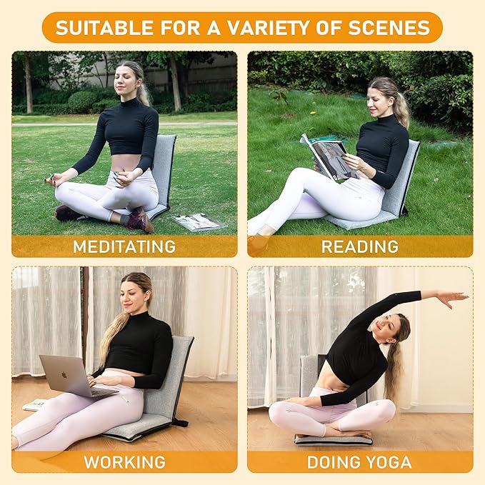 Floor Chair with Water Repellent Fabric 14-Position Adjustable Floor Chair with Back Support Portable Ground Seating for Adults Foldable Meditation Seat with Washable Cover (Light Grey)