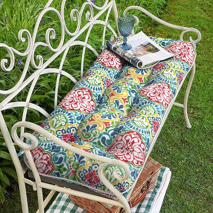 Tufted Bench Cushion for Outdoor Furniture, Patio Swing Cushion 44 x 19 x 5 Inch, Overstuffed Outdoor Chair Cushion for Garden Loveseat Lounge Storage, 1 Pack,Damask Red