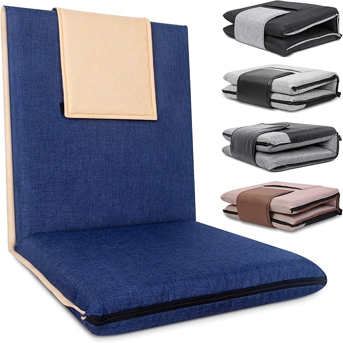 14-Position Adjustable Floor Chair with Back Support - Portable Gound Seating for Adults & Kids, Foldable Meditation Chair with Japanese KOYO Bearings & Washable Linen Cover (Blue)