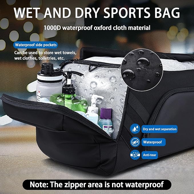 Gym Bag for Men and Women, 58L Large Travel Bag with Shoes Compartment and Wet Pocket,Sports Bag for Training,Sauna,Fitness, Swimming, Sports, Traveling