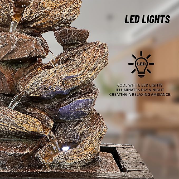 Father'sDen Collection 11-inch Waterfall Fountain Indoor - Tabletop Water Fountain - Indoor Fountains and Waterfalls with Soothing Sounds & In-Pot LED Light Enhancement