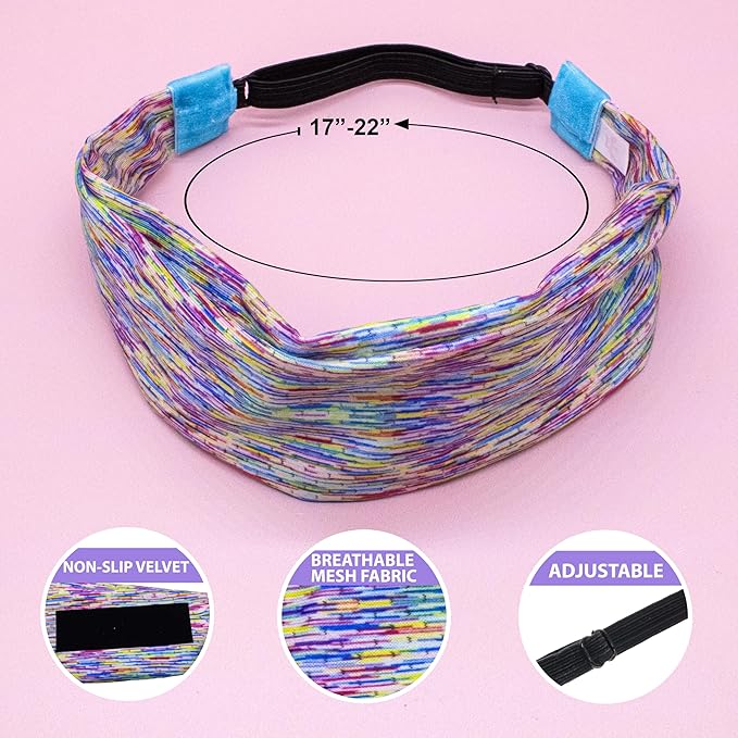 FROG SAC Sport Headbands for Girls, Adjustable Non Slip Athletic Sports Hair Bands for Women, Stretch Elastic Workout Mesh Headband for Yoga Running Exercise Soccer (Rainbow/Black/Blue Tie Dye)