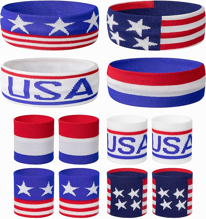 American Flag Sports Headband and Wristband- Striped Sweatband Set for Basketball, Football, Running, Gym, Exercise