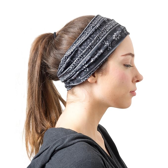 RiptGear Stretch Sport Headband for Women (Tribal Black and White) - Made of Non-Slip Sweat Wicking Fabric - Yoga, Running, Gym, Sports - Soft Headband Fits Most Head Sizes - (1-Pack)