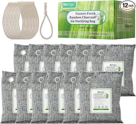 Activated Charcoal Odor Absorber (Large, 12 Pack, 100g each), Natural Charcoal Bags Odor Absorber Bamboo Charcoal Air Purifying Bag for Home, Fridge, Cabinet