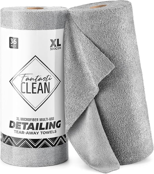 Fantasticlean XL Tear-Away Microfiber Cleaning Cloth Roll, 16'' by 16''- 36 Sheets, Thick & Large Detailing Towels, Ultra Absorbent, Lint-Free Reusable Wipes for Home, Car or Outdoor (Glossy Grey)