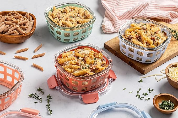 Ello Duraglass 3.4 Cup Round Meal Prep Sets 10Pc, 5 Pack Set- Glass Food Storage Container with Silicone Sleeve and Airtight BPA-Free Plastic Lids, Dishwasher, Microwave, and Freezer Safe, Melon