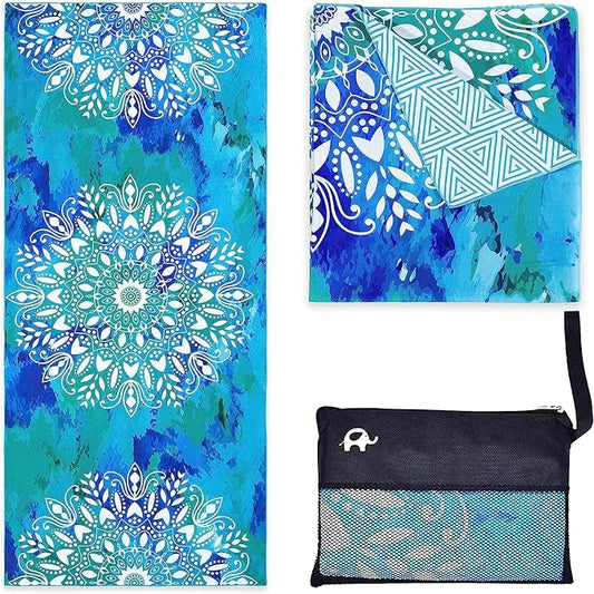 Elite Trend Quick Dry Towel Large 63x31 Inch - Microfiber Beach Towel - Perfect for Beach, Travel, Swimming, Pool, Yoga, Hiking, Camping - Lightweight, Fast Drying, Compact for Adults (Mandala Blue)