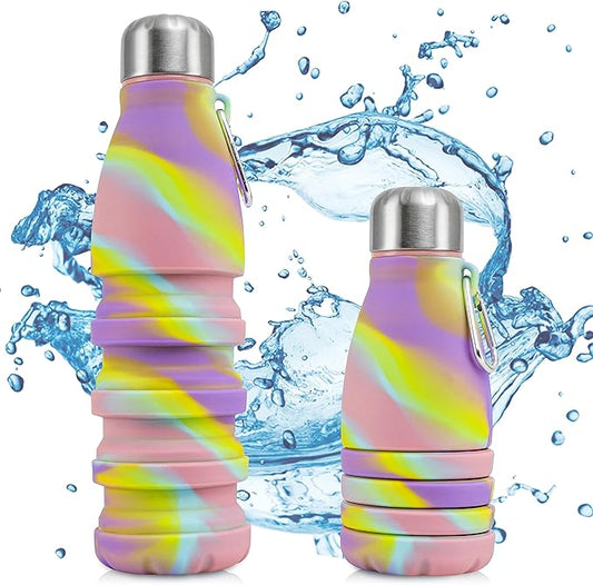 Foldable Drinking Bottle - BPA-free, leak-proof - Ideal festival accessory and practical outdoor companion with carabiner (Colorful)