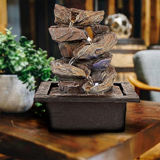 Father'sDen Collection 11-inch Waterfall Fountain Indoor - Tabletop Water Fountain - Indoor Fountains and Waterfalls with Soothing Sounds & In-Pot LED Light Enhancement