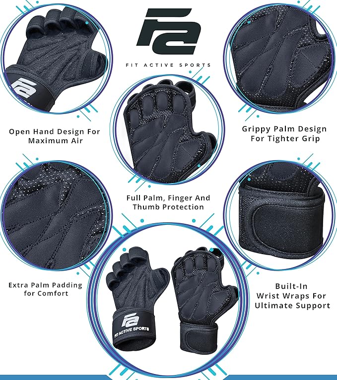 Fit Active Sports New Ventilated Weight Lifting Workout Gloves with Built-in Wrist Wraps for Men and Women - Great for Gym Fitness, Cross Training, Hand Support & Weightlifting.