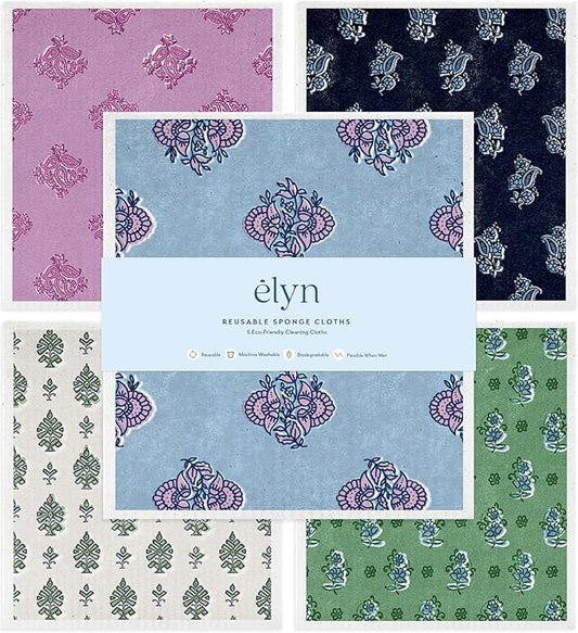 ELYN Swedish Dishcloths, Reusable & Washable Sponge Cloths, Absorbent Cleaning Paper Towels for Kitchen, Dishes, Counters and More, 5 Pack, Assorted Vintage Block Print Patterns