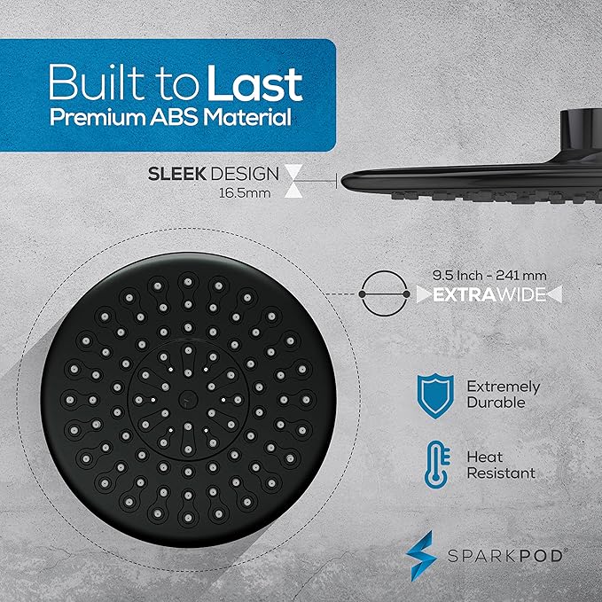 SparkPod Luxury Filtered Shower Head Set 23 Stage Shower Filter - Reduces Chlorine and Heavy Metals - High Pressure Showerhead Filter (9.5" Round, Midnight Black Matte)