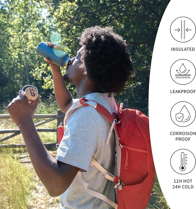 Bambaw Insulated Water Bottle 24oz, Blue Water Bottle for Hiking, Stainless Steel Water Bottle, Water Bottle with Handle, Metal Water Bottle Wide Mouth, Steel Water Bottle – Aegean Blue