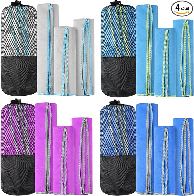Xinnun 4 Pack Microfiber Camping Towel - Quick Dry Towel 3 Size 4 Black Mesh Bags 12 Travel Towels for Beach Camping Hiking Yoga Swim Sports Backpacking