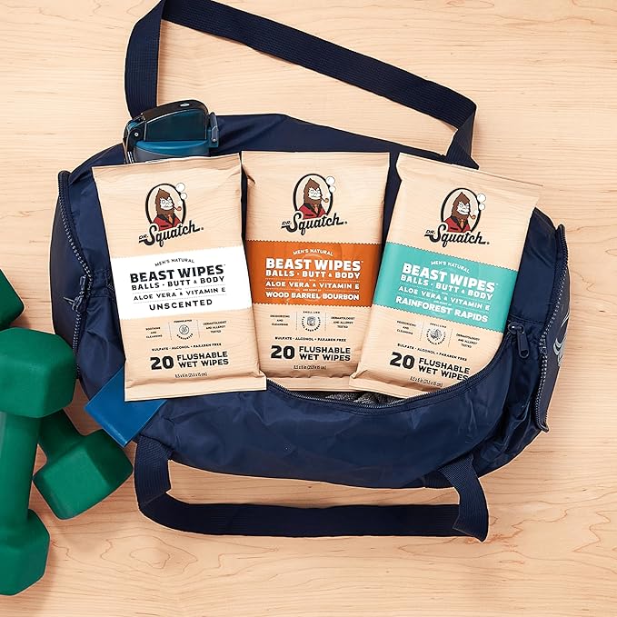 Dr. Squatch Beast Wipes - Flushable Adult Wipes for Men - Soothing and Refreshing - 2 Pack Rainforest Rapids