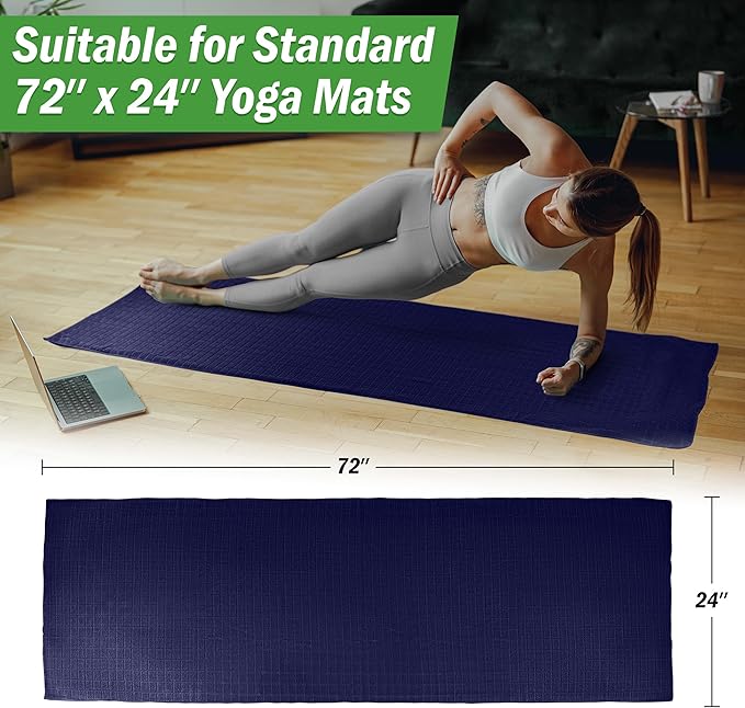 Wakeman Yoga Mat Towel and Gym Towel Set - 2-Piece Non Slip Set for Hot Yoga, Pilates, and Gym - 72” x 24” Sweat Absorbent and Quick Drying Blanket with Corner Pockets for Mats (Navy)