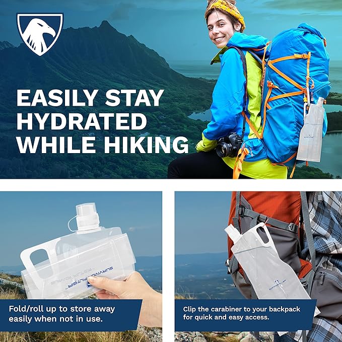 Survivor Filter Collapsible Water Bottles, Canteens (32oz) 2 Pack (2L Total) - Durable Carabiners and Handles. Squeeze Water through a Filter or Use as Water Bottles