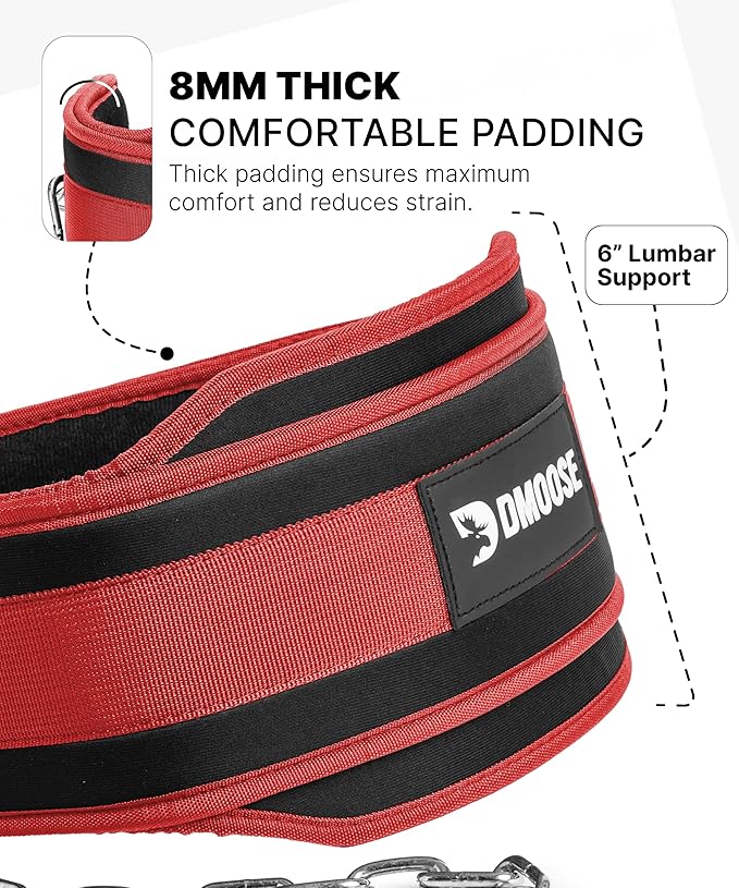 DMoose Fitness Dip Belt for Weight Lifting, Pullup, Squats & Dips - 36" Robust Steel Chain, Comfortable Neoprene Padding Supports 350lbs - Gym Weight Belt for Strength Training Workout & Weightlifting