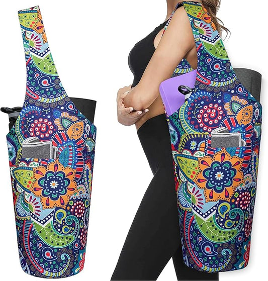Fashion Printed Yoga Mat Bag with Large Side Pocket & Zipper Pocket Long Tote Yoga Bag Fit Most Size Mats - Holds More Yoga Accessories
