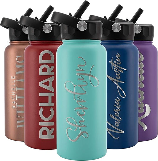 Amazing Items Personalized Water Bottle w/Straw & Lid, 32 oz - Teal | Custom Stainless Steel Sports Water Bottle w/Name and Text - Double-Wall, Vacuum Insulated - Rotating Handle