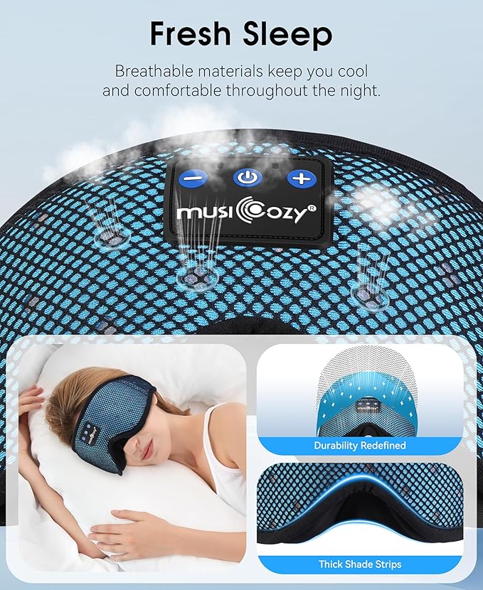 MUSICOZY Sleep Headphones Breathable Sleep Mask Bluetooth 5.4 Wireless Earphones Mask Sleeping Eyemask for Side Sleepers for Women Men Travel Meditation Gift (Mesh Blue)