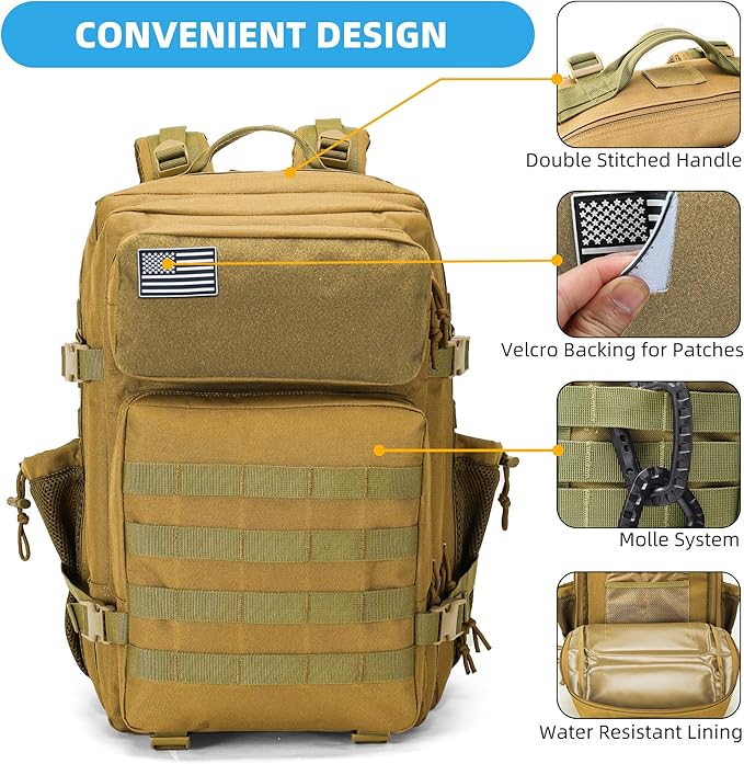 gracedon Tactical Backpack - Military Molle Bag 3 Days Pack for men and Women Large Assault Rucksack 45L (Khaki)