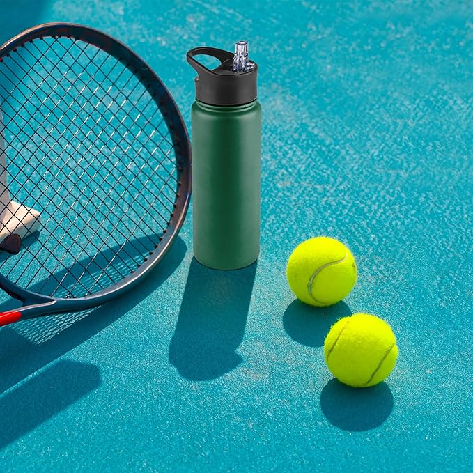 24 oz Insulated Water Bottle Bulk 8 Pack, Stainless Steel Sports Water Bottles with Straw Lid & Wide Mouth Lids, Double Walled Vacuum, Leak Proof, Dark Green