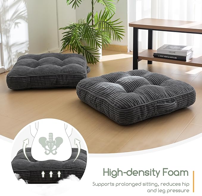 Washable Floor Pillow Cushion for Adults, Meditation Cushion Pillow, Large Square Floor Sitting, Removable Tufted Corduroy Cover, for Tatami Living Room or Yoga, 22x22 Inch, 2Pack, Machine Washable