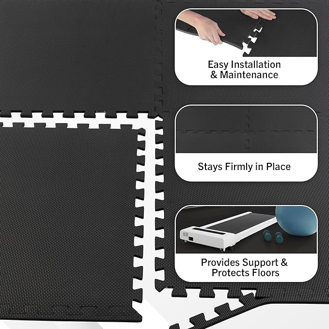 EVA Foam Mat Tiles 8-Pack - 32 SQ FT of Interlocking Padding for Garage, Playroom, or Gym Flooring - Exercise Mat or Baby Playmat by Stalwart (Black)