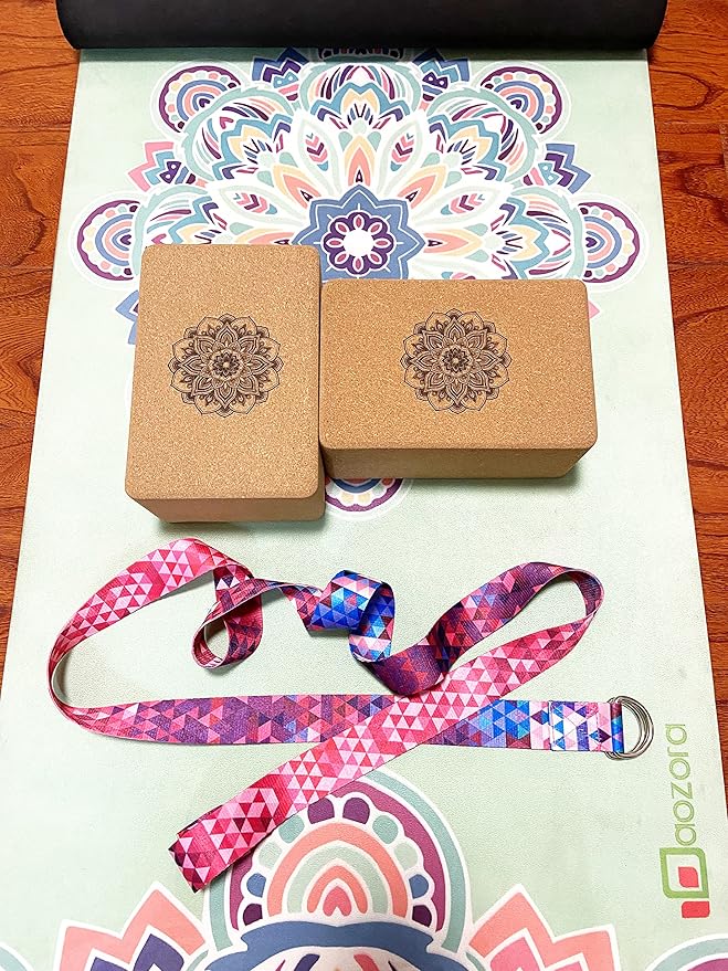 Aozora Cork Yoga Block Sustainable & Eco Friendly 2 Pack and Yoga Strap Set Made of The Finest Natural Cork for Better Support, Balance & Comfort