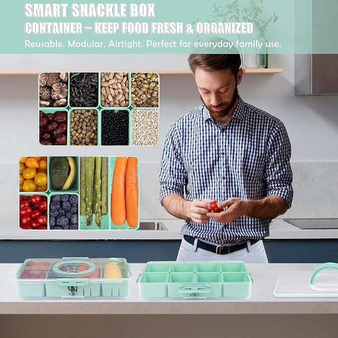 Stackable Snackle Box Container with 2 Lids - BPA-Free Snackle box Organizer, Dishwasher & Microwave Safe Reusable Snacklebox for Veggies, Fruits, Charcuterie, Snacks (Green, 2 Pack)