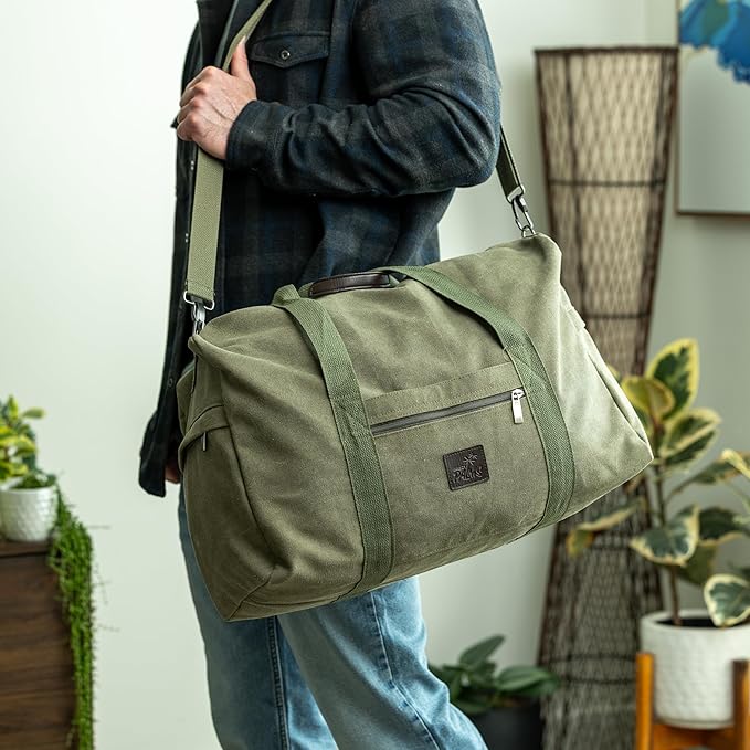 Canvas Duffle Bag – Multipurpose Bag for Travel, Gym, Weekender, Carry On & More – Durable, Spacious, Unisex Overnight Bag for Men & Women – Perfect for Sports, and Everyday Use (Green)