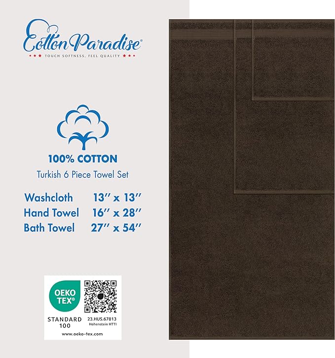 Cotton Paradise 6 Piece Towel Set, 100% Cotton Soft Absorbent Turkish Towels for Bathroom, 2 Bath Towels 2 Hand Towels 2 Washcloths, Brown Towel Set
