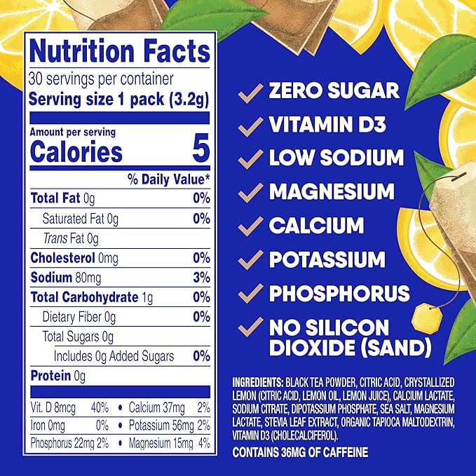 GoHydrate Instant Hydration Powder Packets- Low Sodium Electrolytes Drink Mix with 36mg Caffeine -Natural Hydration Support, Sugar Free Electrolyte Flavored with Vitamin D, 30 Packs, Iced Tea Lemonade