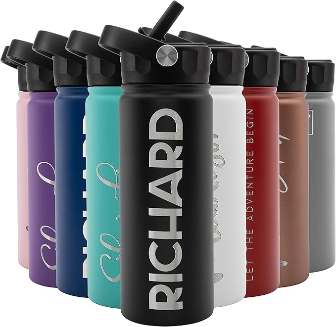 Amazing Items Personalized Water Bottle w/Straw & Lid, 18 oz - Black | Custom Stainless Steel Sports Water Bottle w/Name and Text - Double Wall, Vacuum Insulated - Rotating Handle