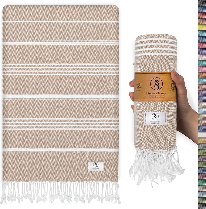Turkish Beach Towel Absorbent & Quick Dry Oversized (39" x 71") - Decorative, Versatile and Functional as Yoga Mat, Picnic Blanket, Travel Blanket, Bath, Shower, Gym Towel - Beige