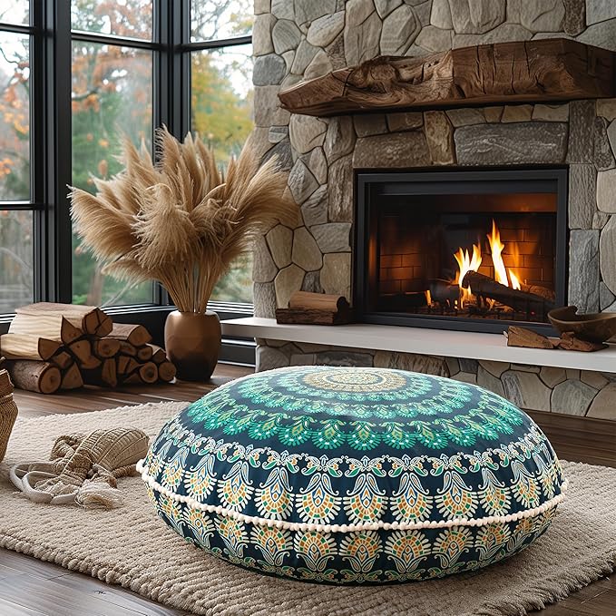 Codi Meditation Floor Pillow, Round Large Pillows Seating for Adults, Bohemian Mandala Circle Cushion for Outdoor Fireplace Yoga Living Room, 32 Inch, Memory Foam Added, Green